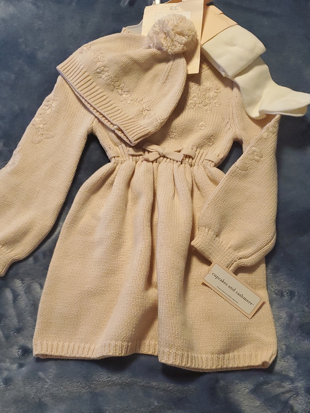 cupcakes & cashmere Girls' Cream Knit Dress with Pom Hat and Tights